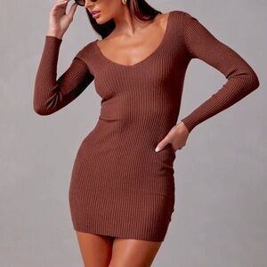 LUMIERE Bodycon Knitted Chocolate brown ribbed mini dress Long Sleeves Fall